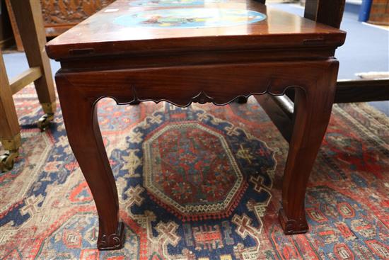 A Chinese table with two inset enamel plaques, W.82cm